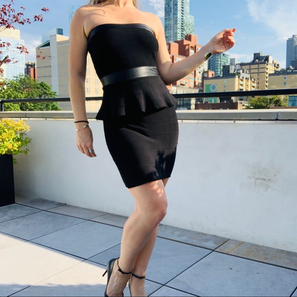 Bebe Strapless Bandage Faux Leather Peplum Bodycon Bandages Shaper Dress